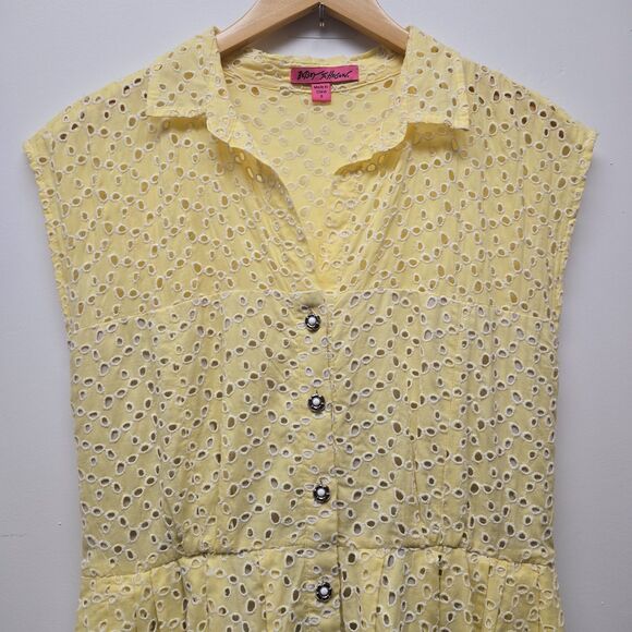 Vintage Betsey Johnson Dress Yellow Eyelet Embroidered Collared A-Line Size 8 - Picture 4 of 15